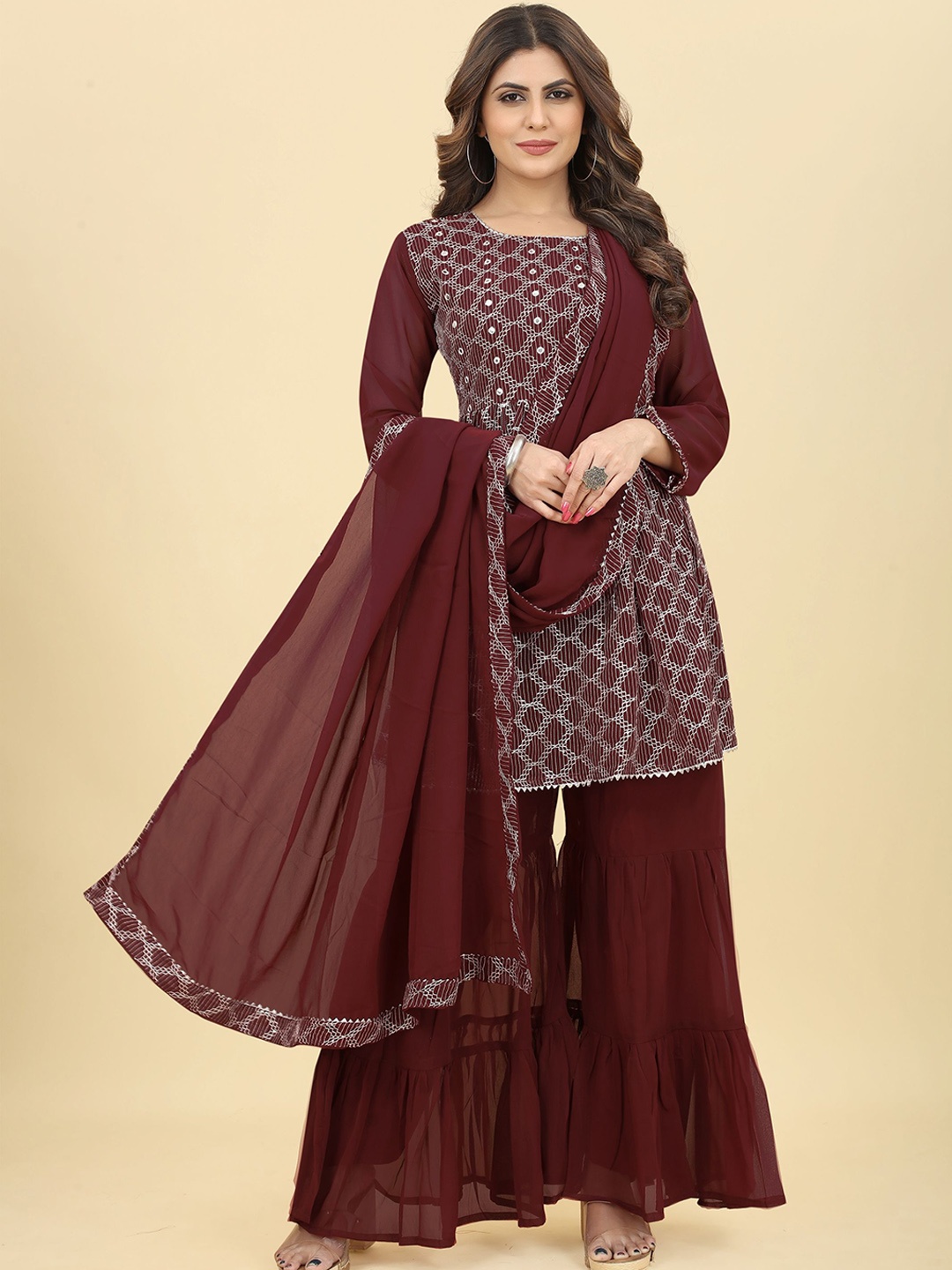 

KALINI Embroidered Mirror Work Anrakali Georgette Kurta with Sharara & Dupatta, Maroon