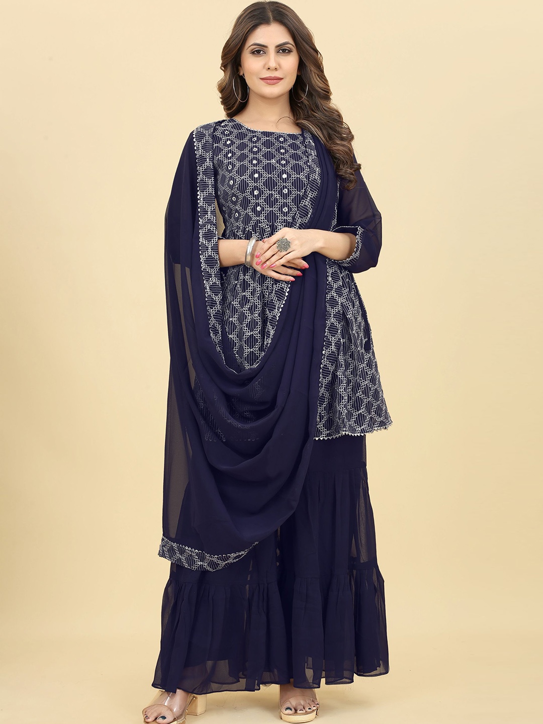 

KALINI Ethnic Motifs Embroidered A-Line Pleated Kurta with Sharara & Dupatta, Navy blue