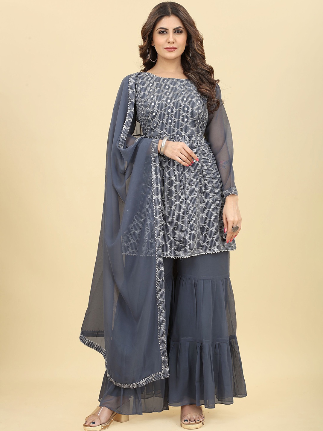 

KALINI Geometric Embroidered Thread Work Kurta With Sharara & Dupatta, Grey