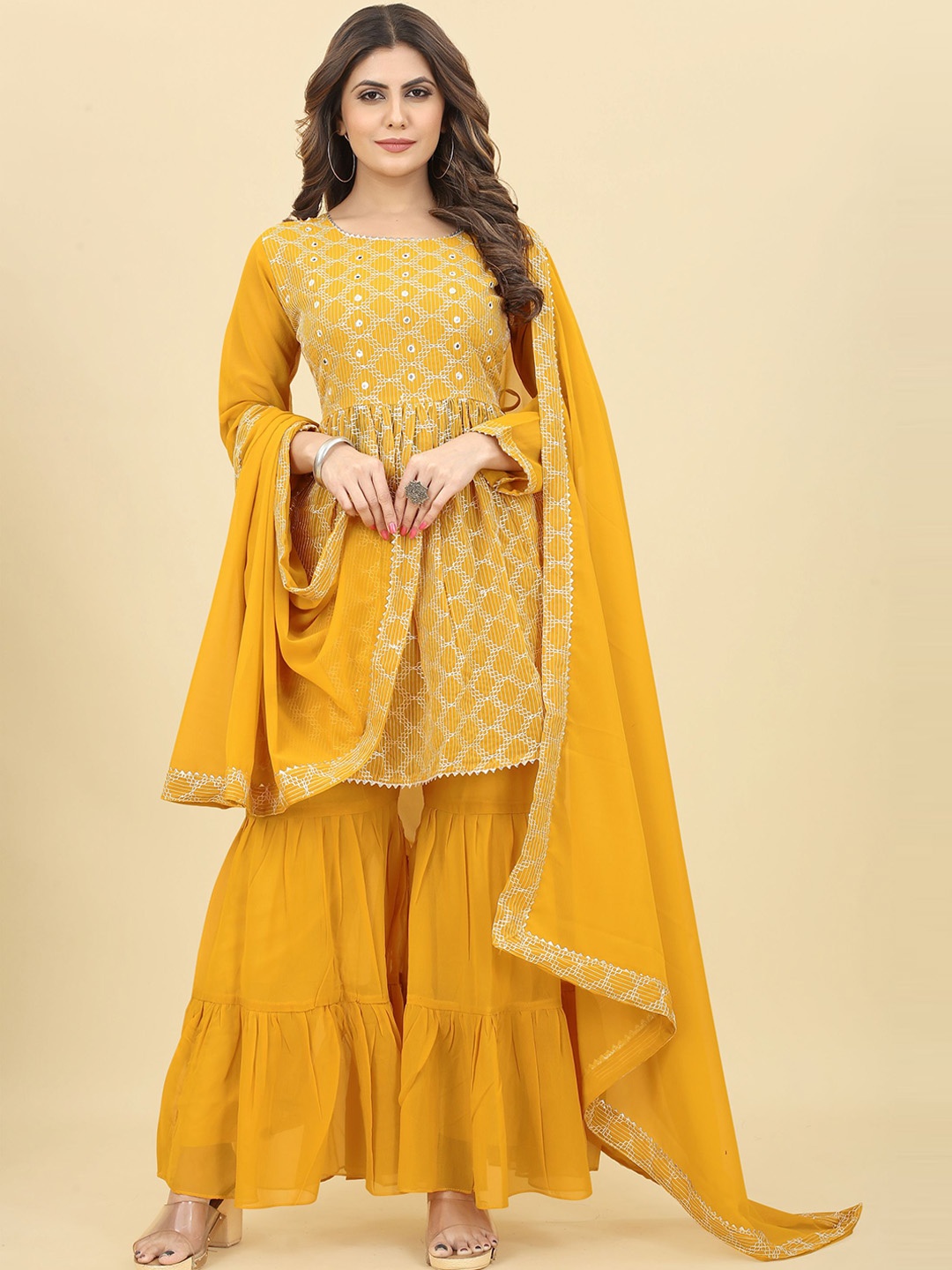 

KALINI Embroidered Mirror Work Anrakali Georgette Kurta with Sharara & Dupatta, Mustard