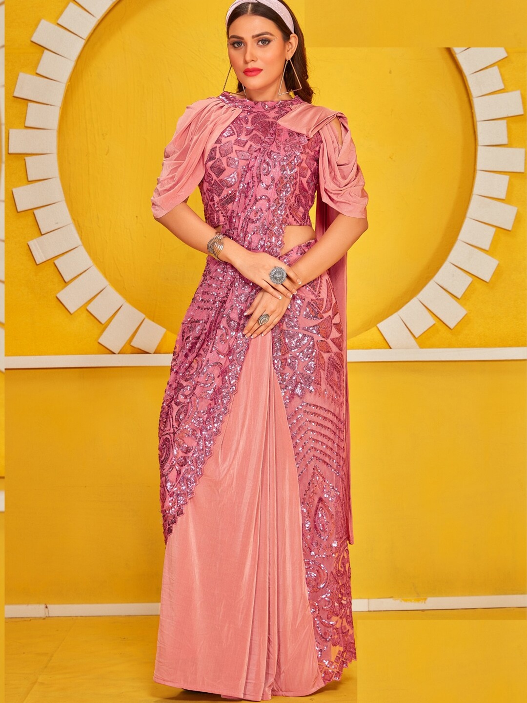 

Chhabra 555 Sequined Ready to Wear Sarees With Cowl Sleeved Blouse, Pink