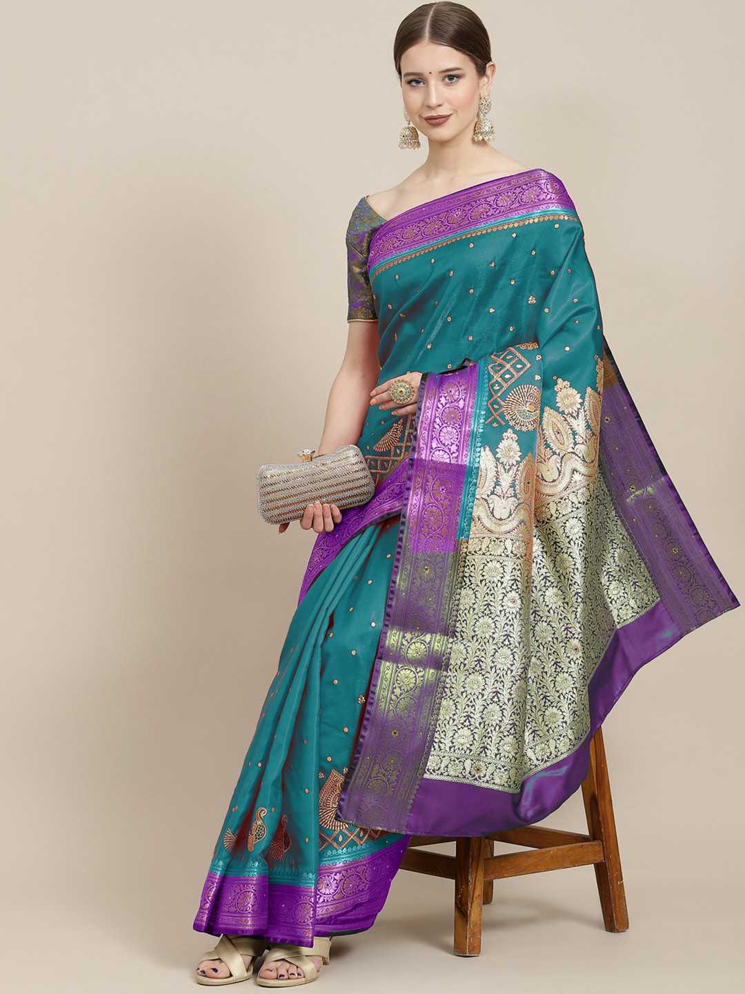 

Chhabra 555 Peacock Motifs Embroidered Kanjeevaram Zari Sarees, Teal