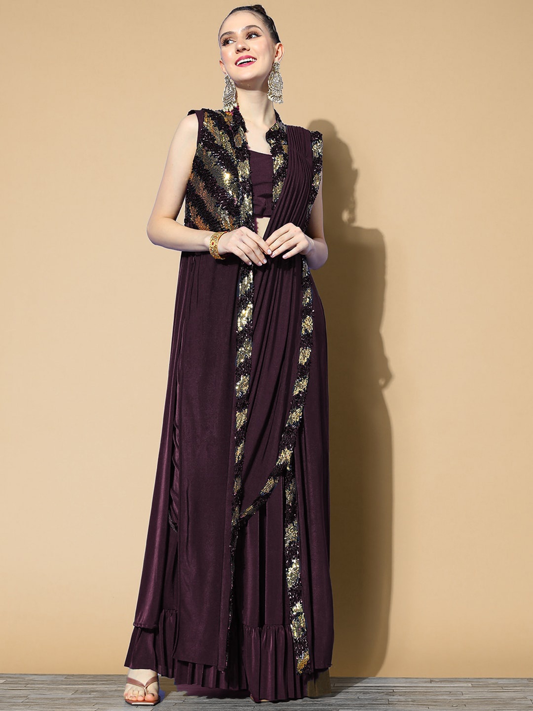 

Chhabra 555 Ruffles Saree with Sequinned Embellished Long Jacket, Burgundy