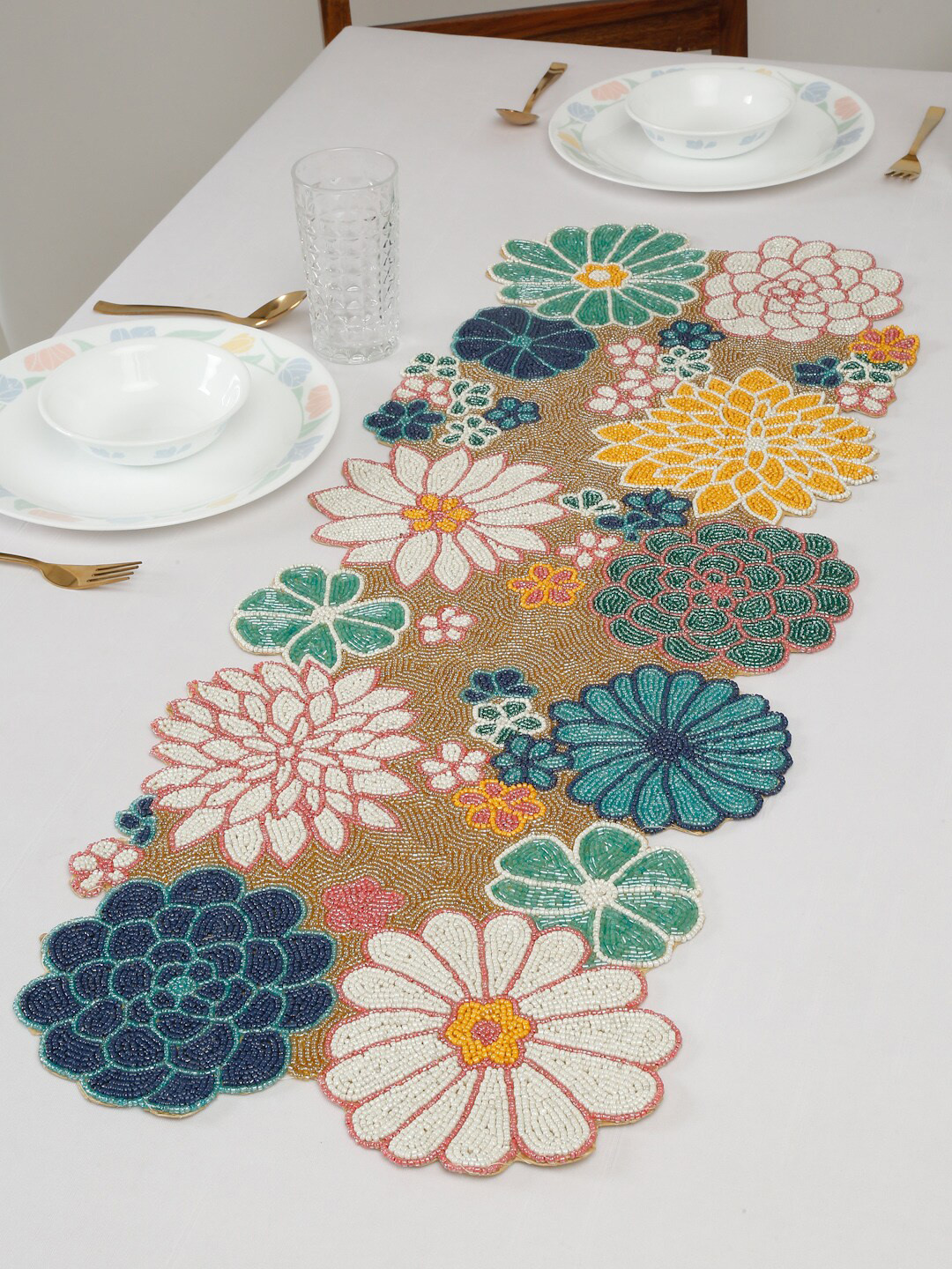 

HOSTA HOMES White & Yellow Beads Floral Embellished Table Runner