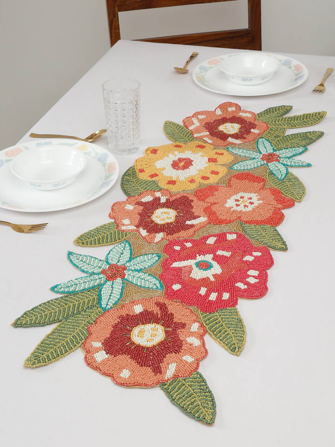 

HOSTA HOMES Green & Red Beads Floral Embellished Table Runner