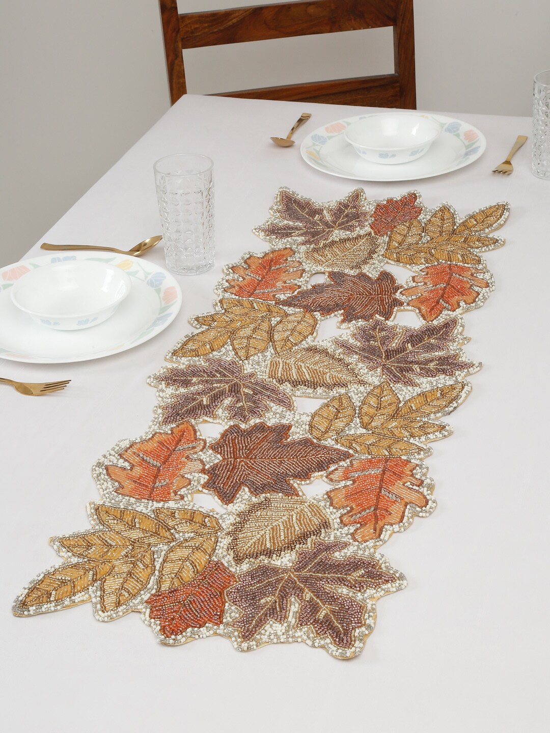

HOSTA HOMES Orange-Coloured & Yellow Beads Floral Embellished Table Runner
