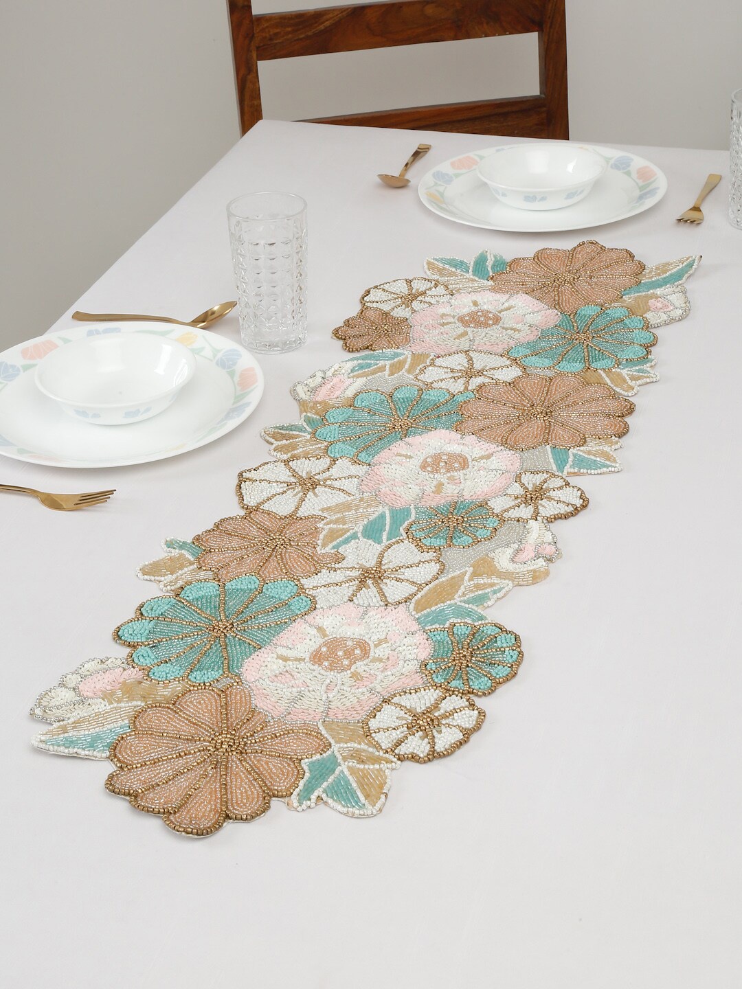 

HOSTA HOMES Turquoise Blue & Brown Beads Floral Embellished Table Runner