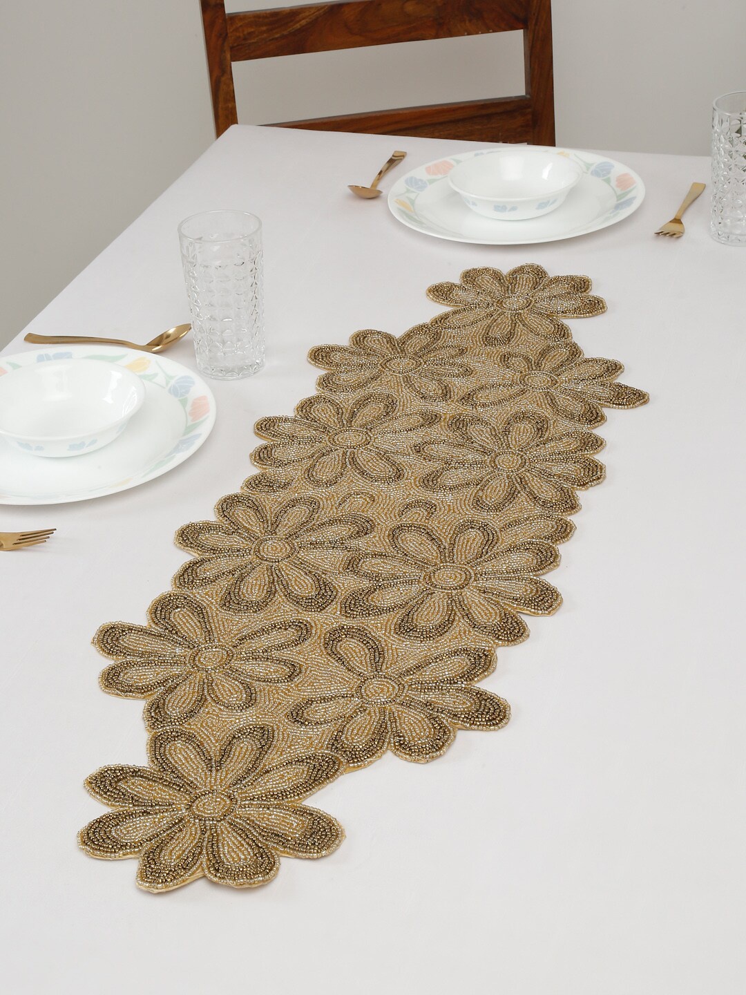

HOSTA HOMES Beige & Gold-Toned Beads Floral Embellished Table Runner