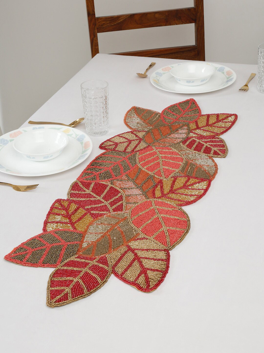 

HOSTA HOMES Red & Gold-Toned Beads Floral Embellished Table Runner