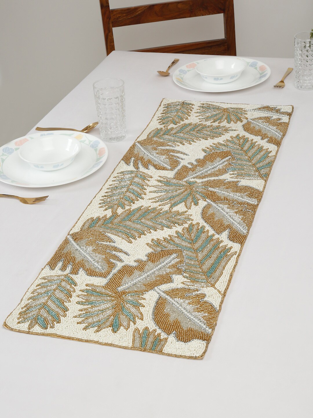 

HOSTA HOMES Cream-Coloured & Green Beads Floral Embellished Table Runner