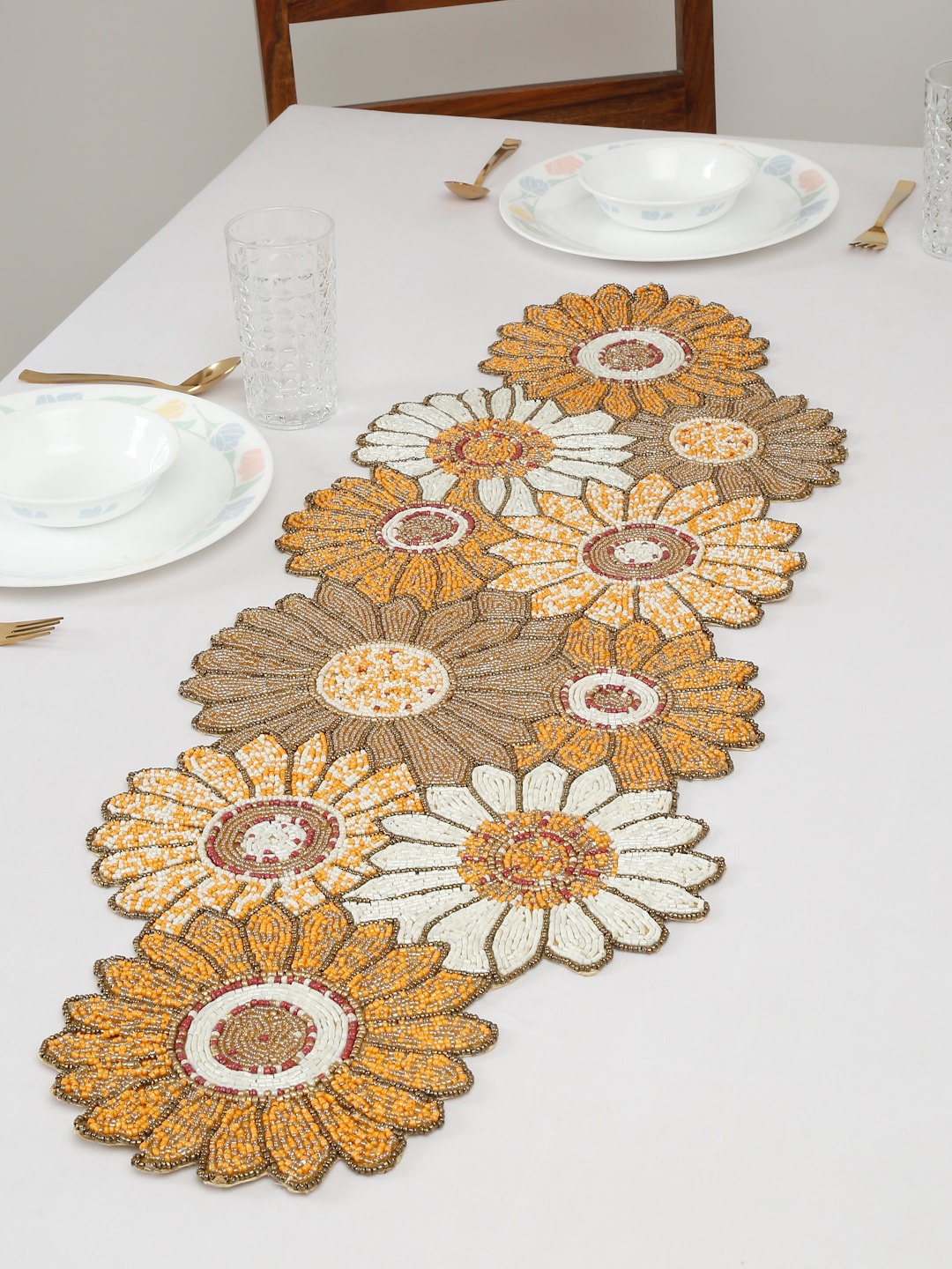 

HOSTA HOMES Brown & White Floral Embellished Bead Work Table Runner