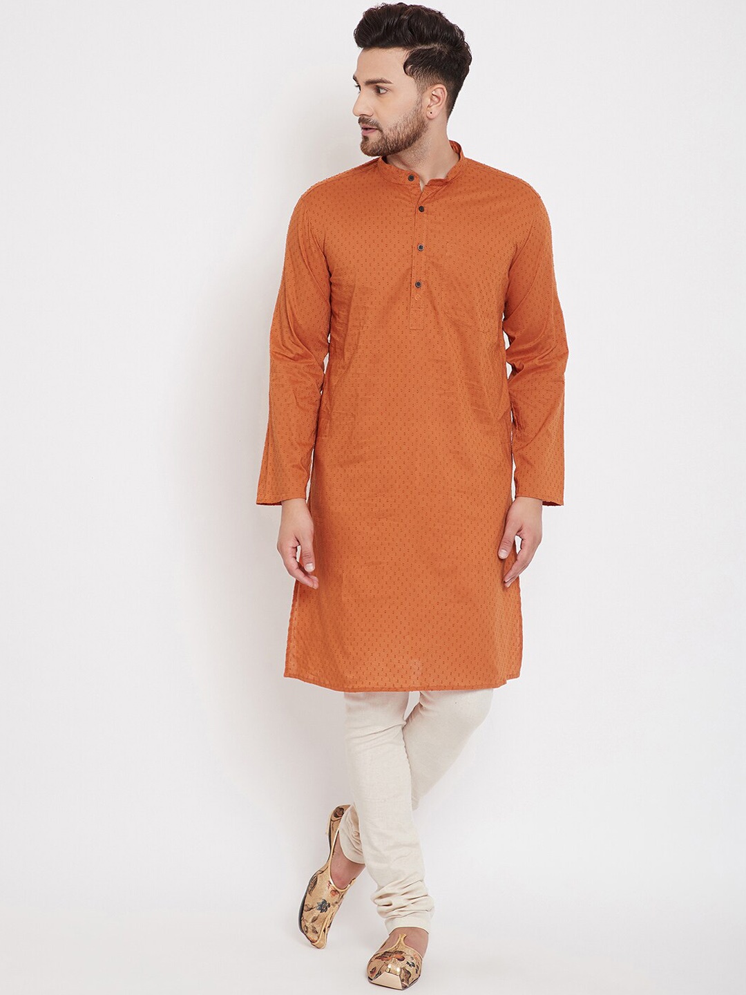 

even Mandarin Collar Woven Design Straight Cotton Kurta, Rust