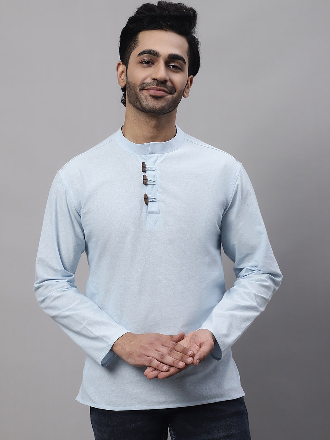 

even Band Collar Long Sleeves Pure Cotton Short Kurta, Blue