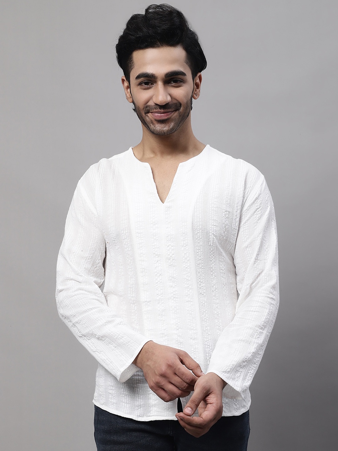 

even Striped V-Neck Pure Cotton Kurta, White