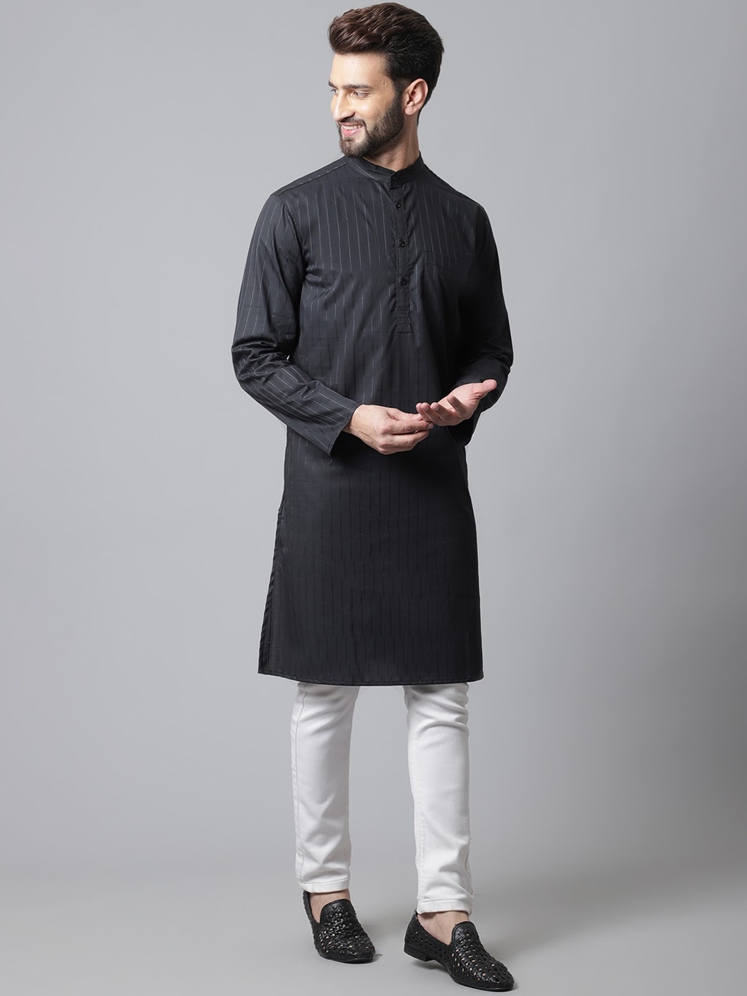 

even Mandarin Collar Striped Straight Cotton Kurta, Black