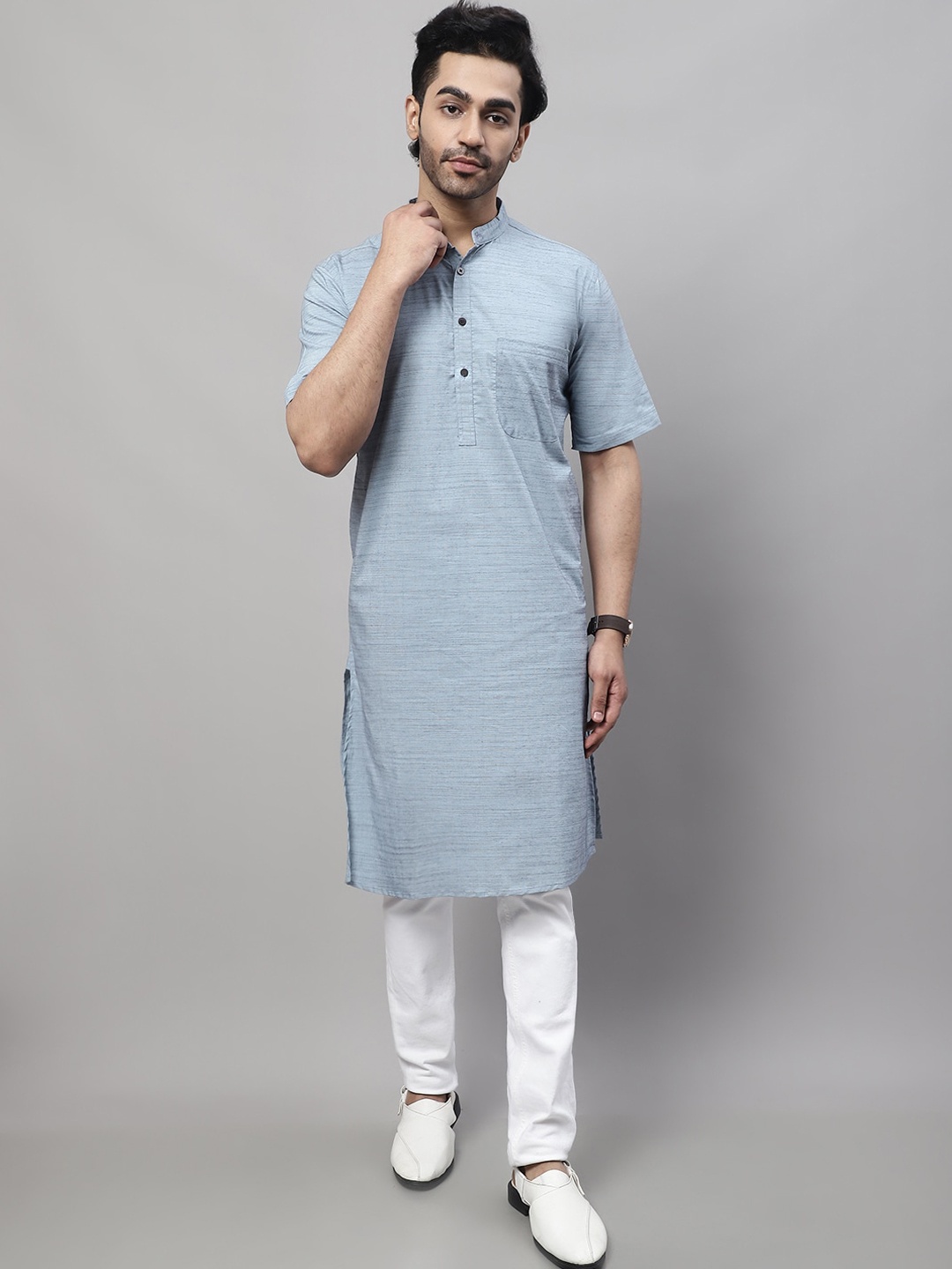 

even Woven Design Band Collar Cotton Kurta, Blue