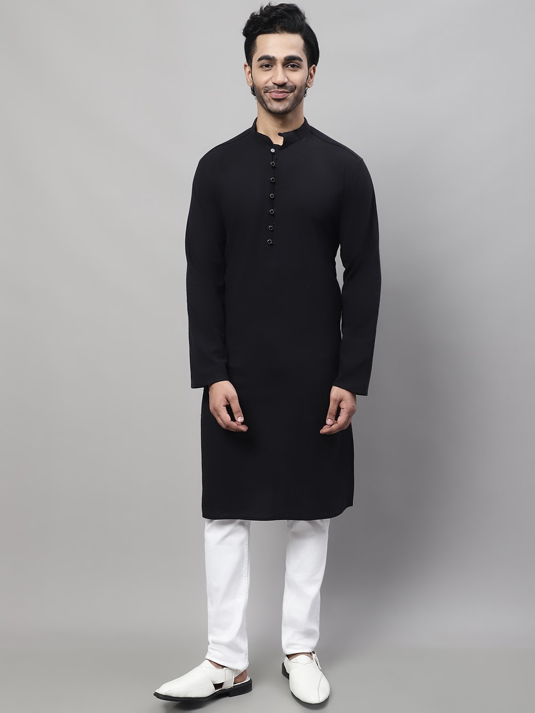 

even Band Collar Straight Cotton Kurta, Black