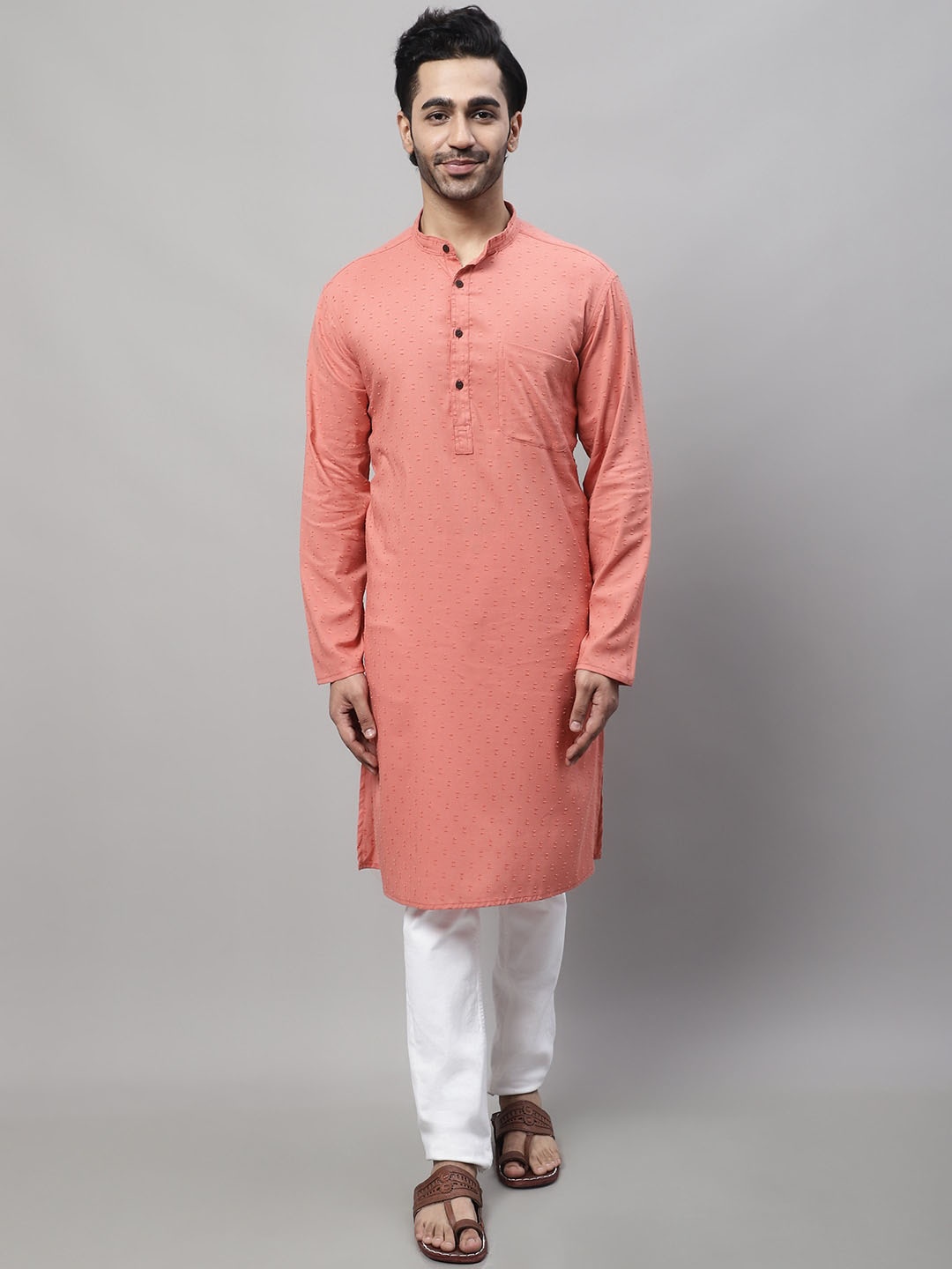 

even Thread Work Band Collar Cotton Kurta, Peach