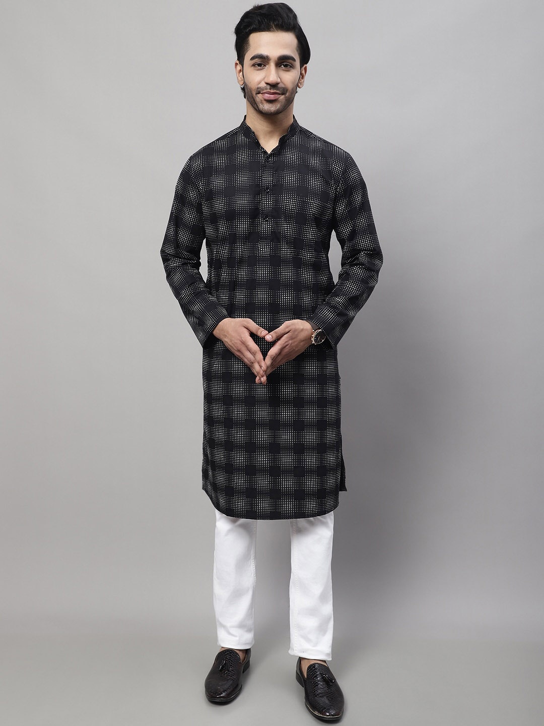 

even Geometric Printed Band Collar Cotton Kurta, Black