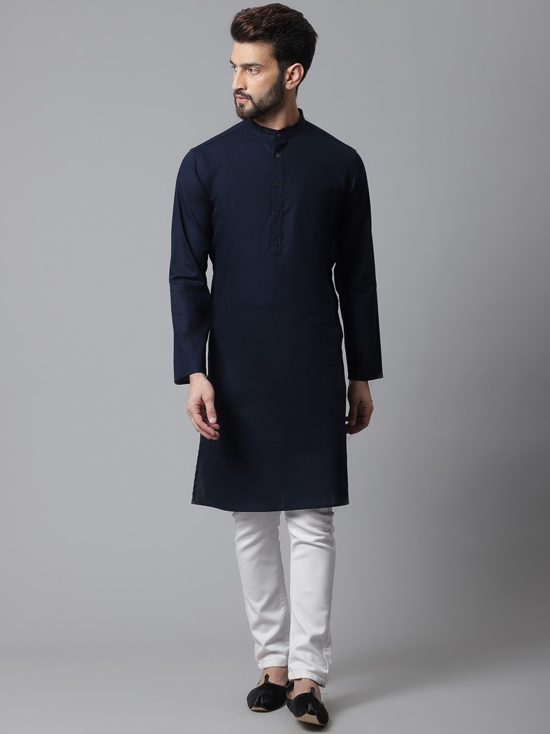 

even Band Collar Straight Cotton Kurta, Navy blue