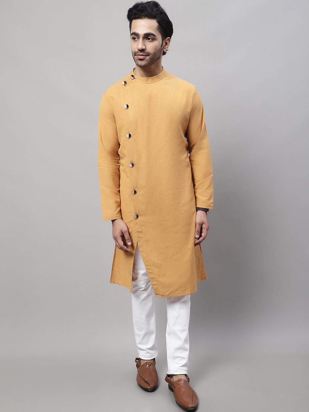 

even Band Collar Pure Linen Angrakha Kurta, Mustard