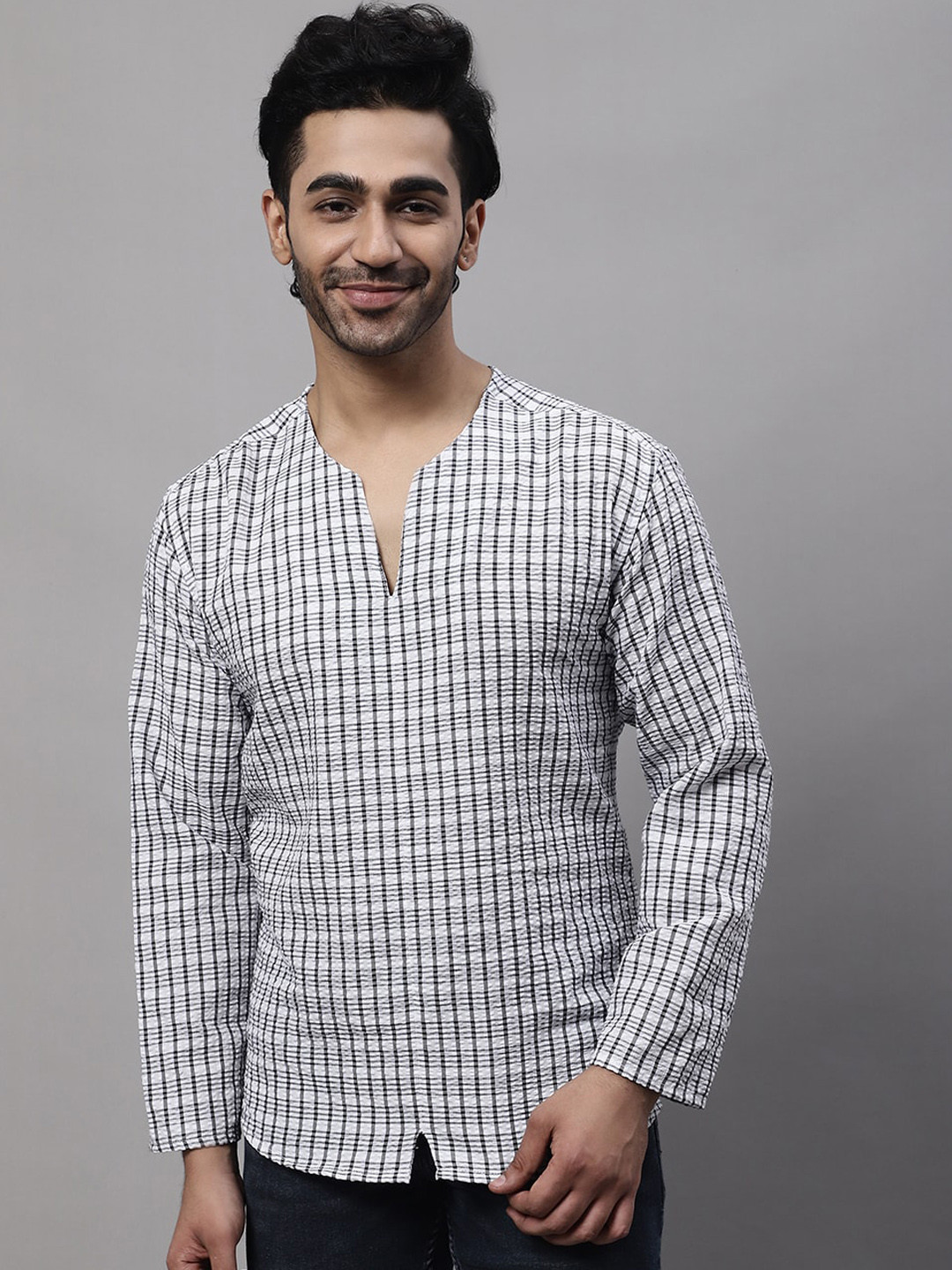 

even Checked V-Neck Pure Cotton Kurta, White
