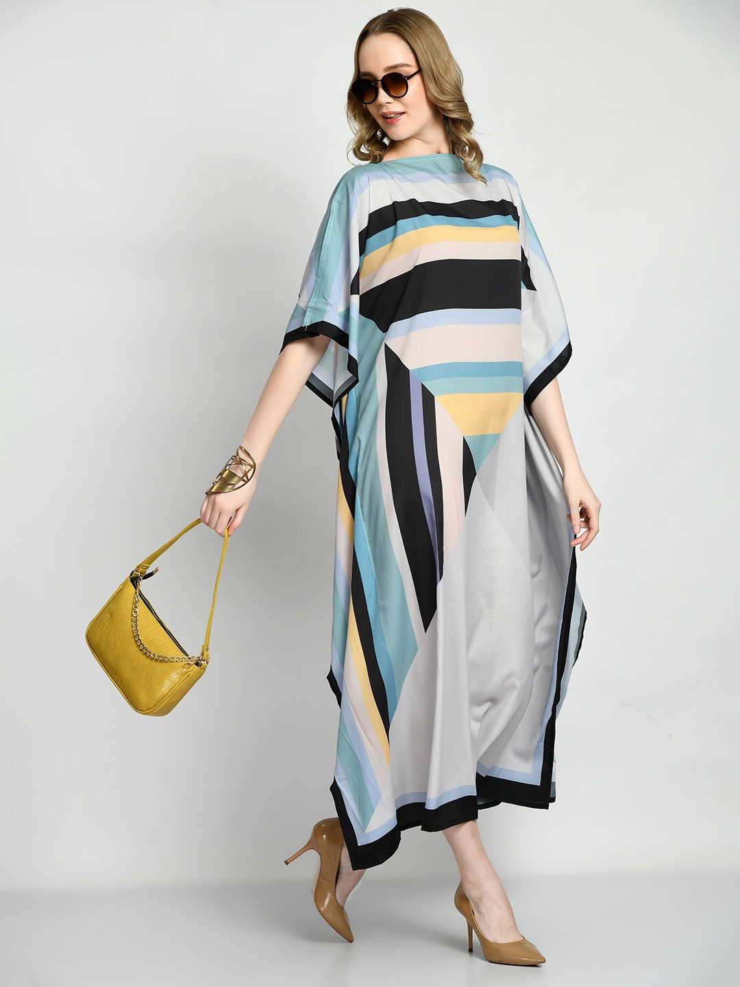 

Navvi Multicoloured Striped Crepe A-Line Maxi Dress, Multi