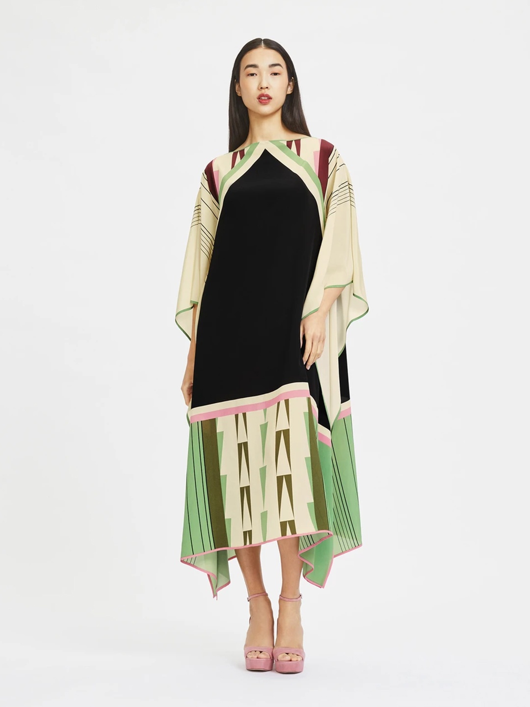 

Navvi Geometric Printed Kaftan Midi Dress, Black