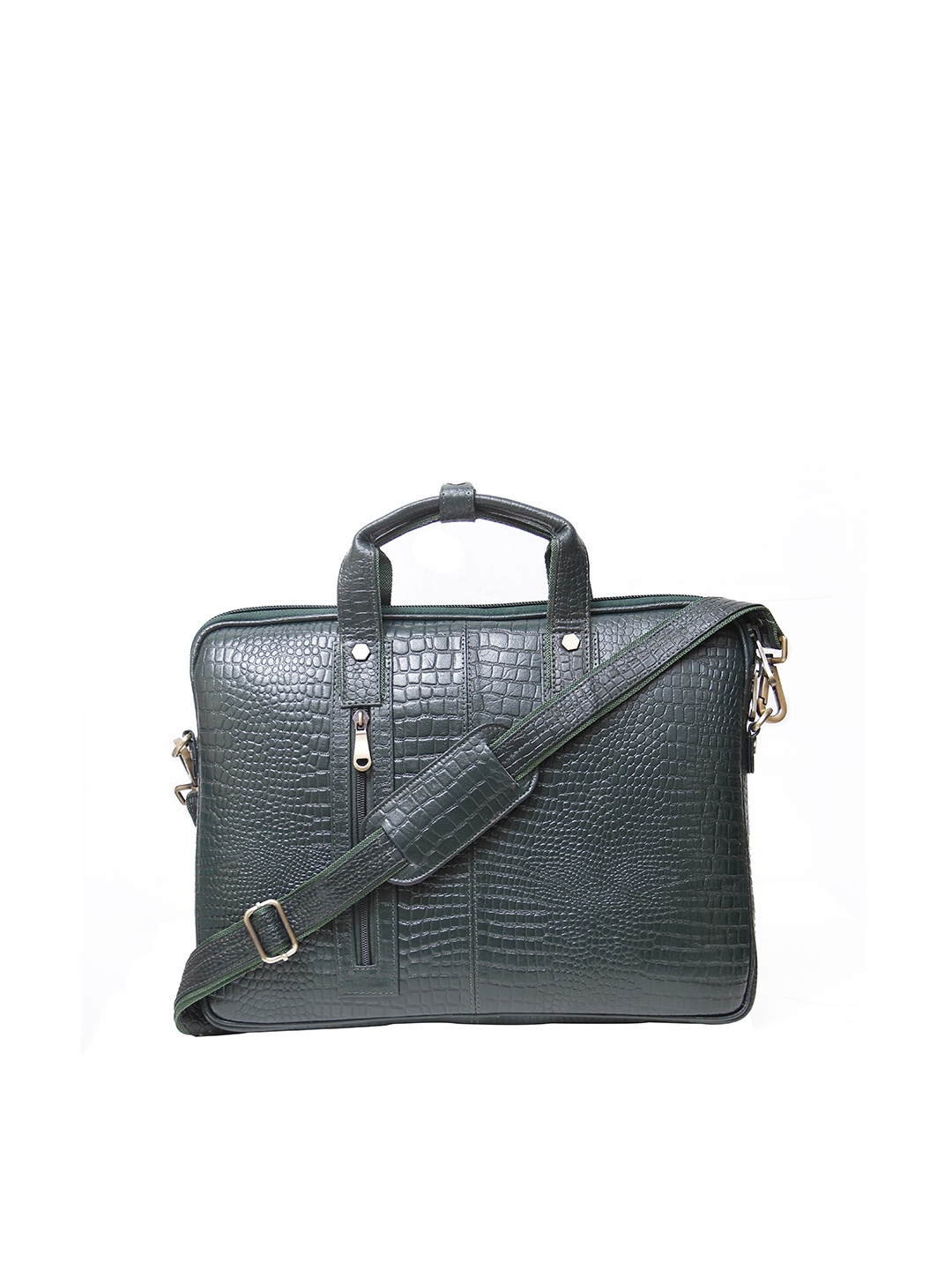 

Calvadoss Men Textured Leather Laptop Bag, Green
