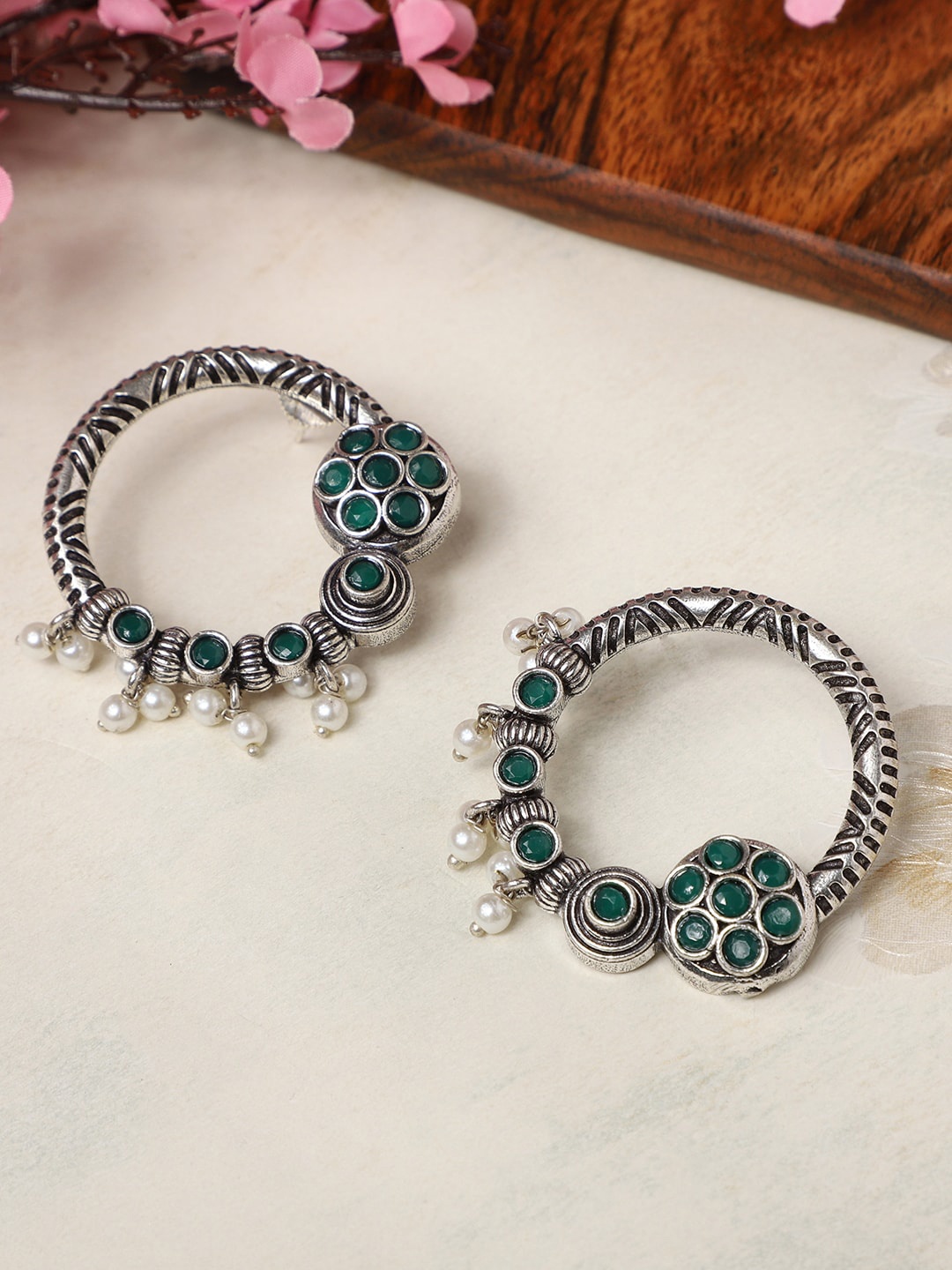 

VENI Silver-Plated Classic Oxidised Drop Earrings, Green