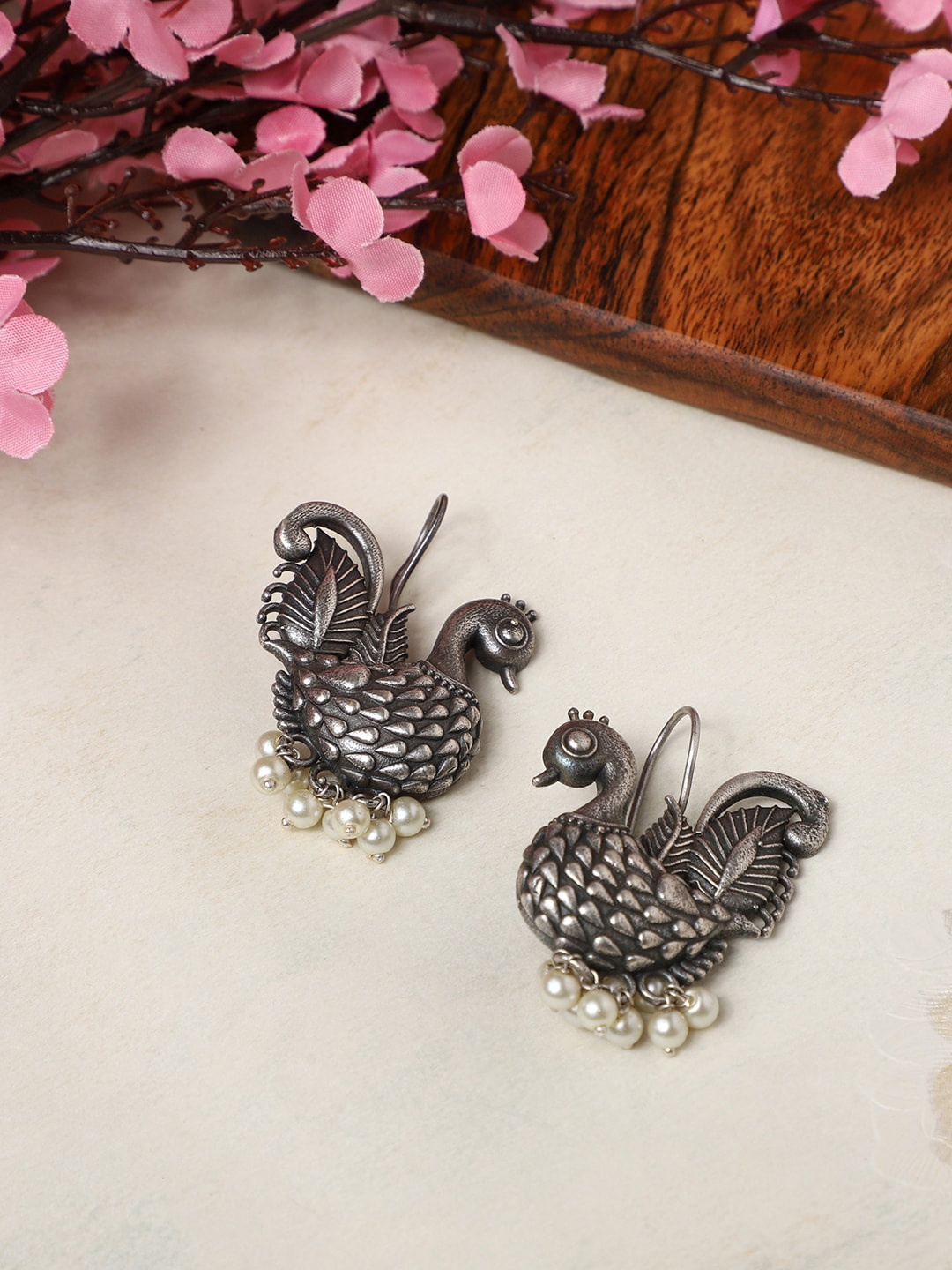 

VENI Silver-Plated Oxidised Peacock Shaped Drop Earrings, White