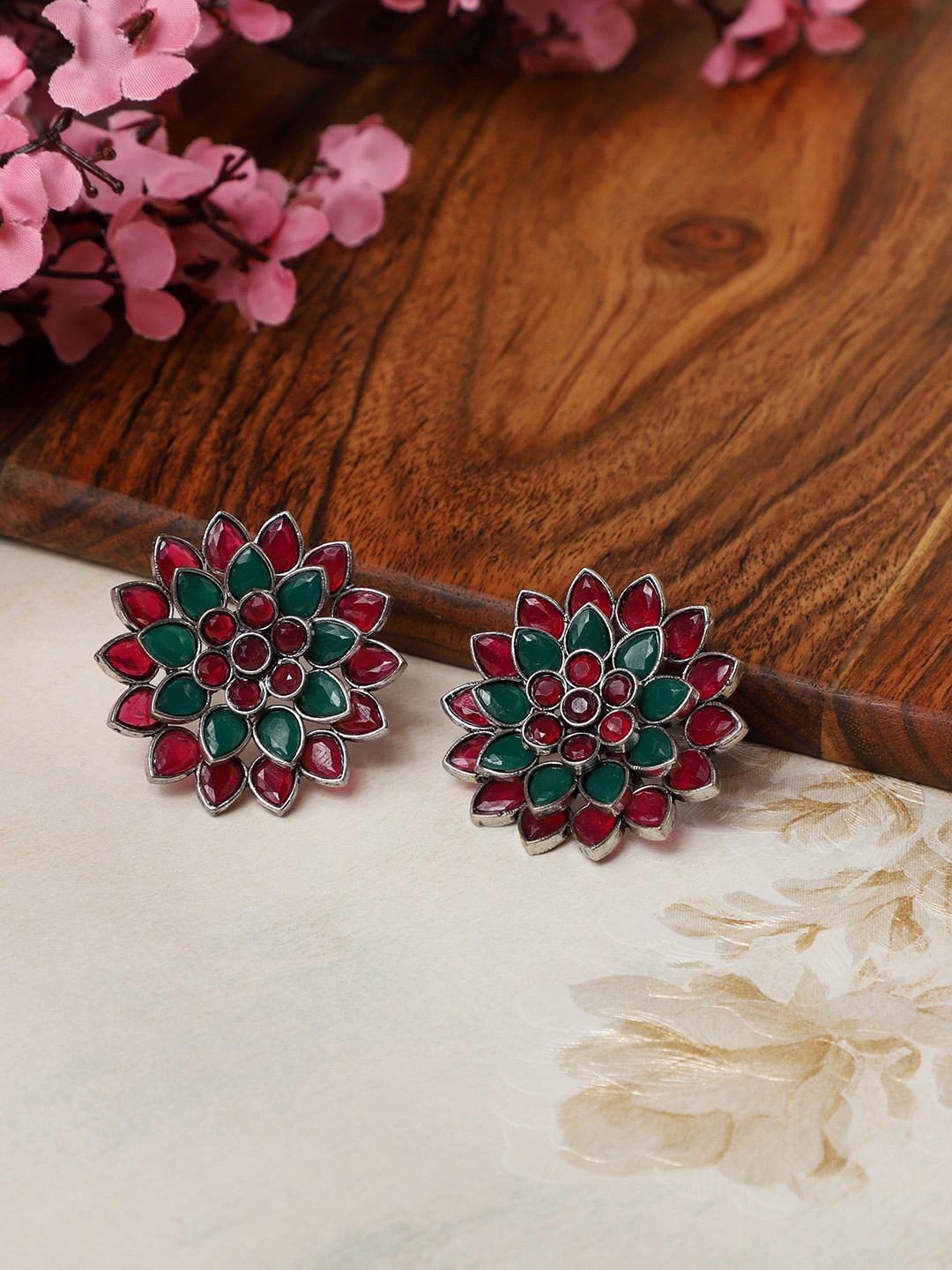 

VENI Silver-Plated Oxidised Floral Studs Earrings, Red