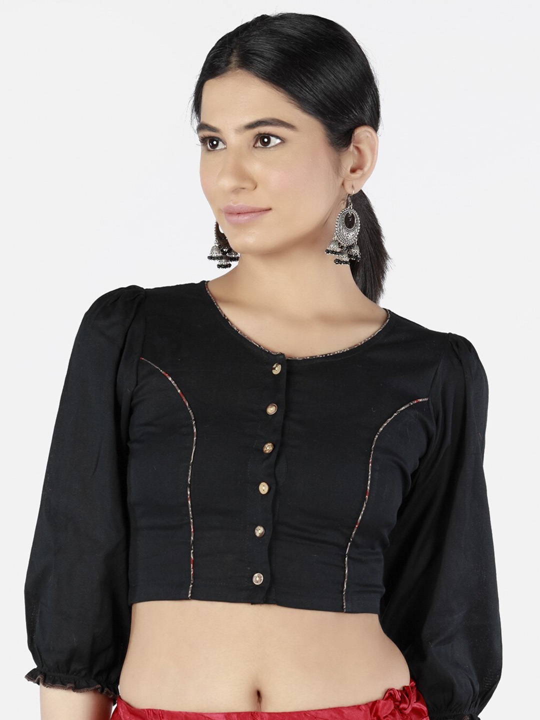 

Llajja Puff Sleeves Pure Cotton Saree Blouse, Black