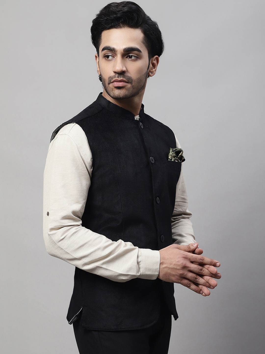 

even Men Woven Designed Nehru Jacket With Welt Pockets, Black