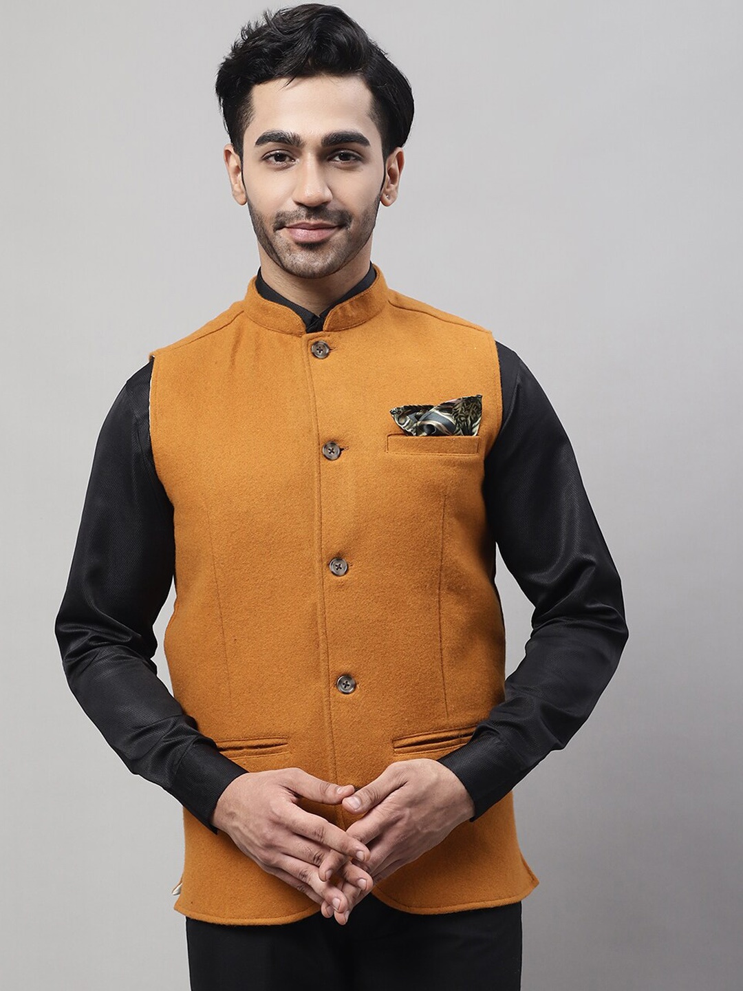 

even Wool Woven Mandarin Collar Nehru Jacket With Welt Pockets, Orange