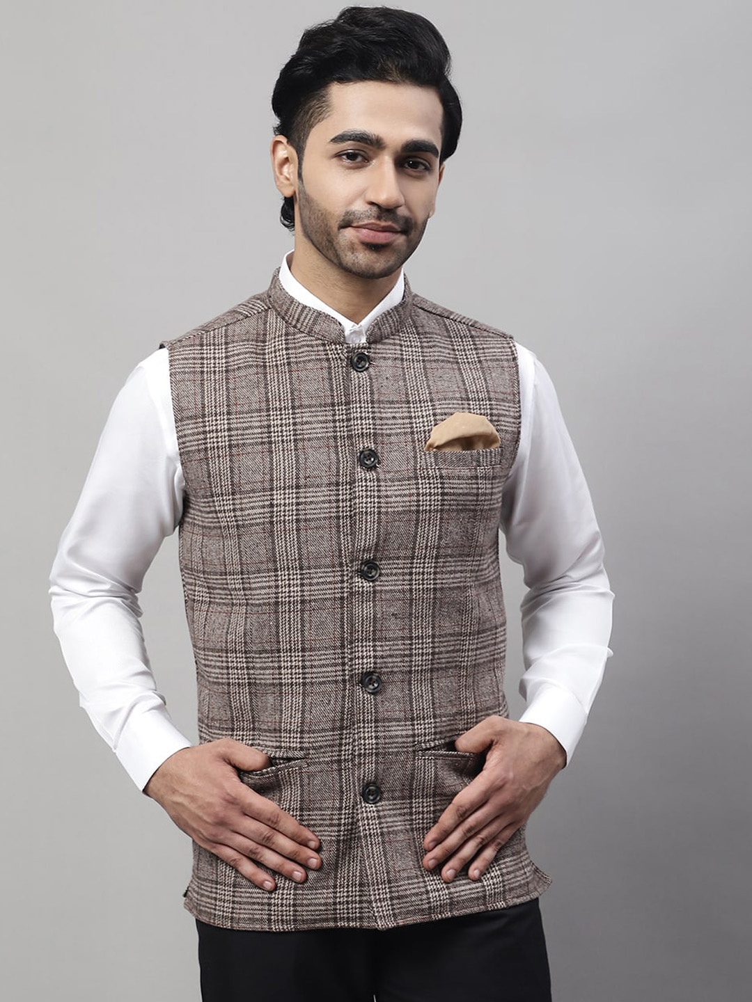 

even Checked Pure Wool Woven Mandarin Collar Nehru Jacket With Welt Pockets, Beige