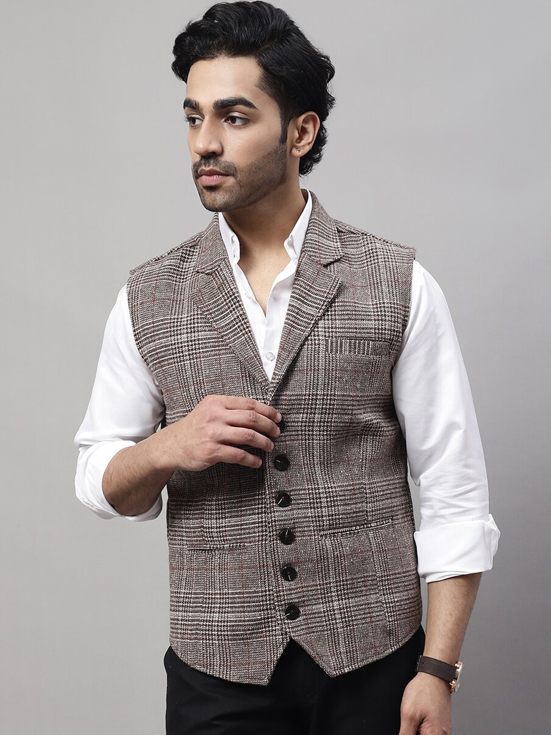 

Even Pure Wool Nehru Jacket with Welt Pockets, Brown
