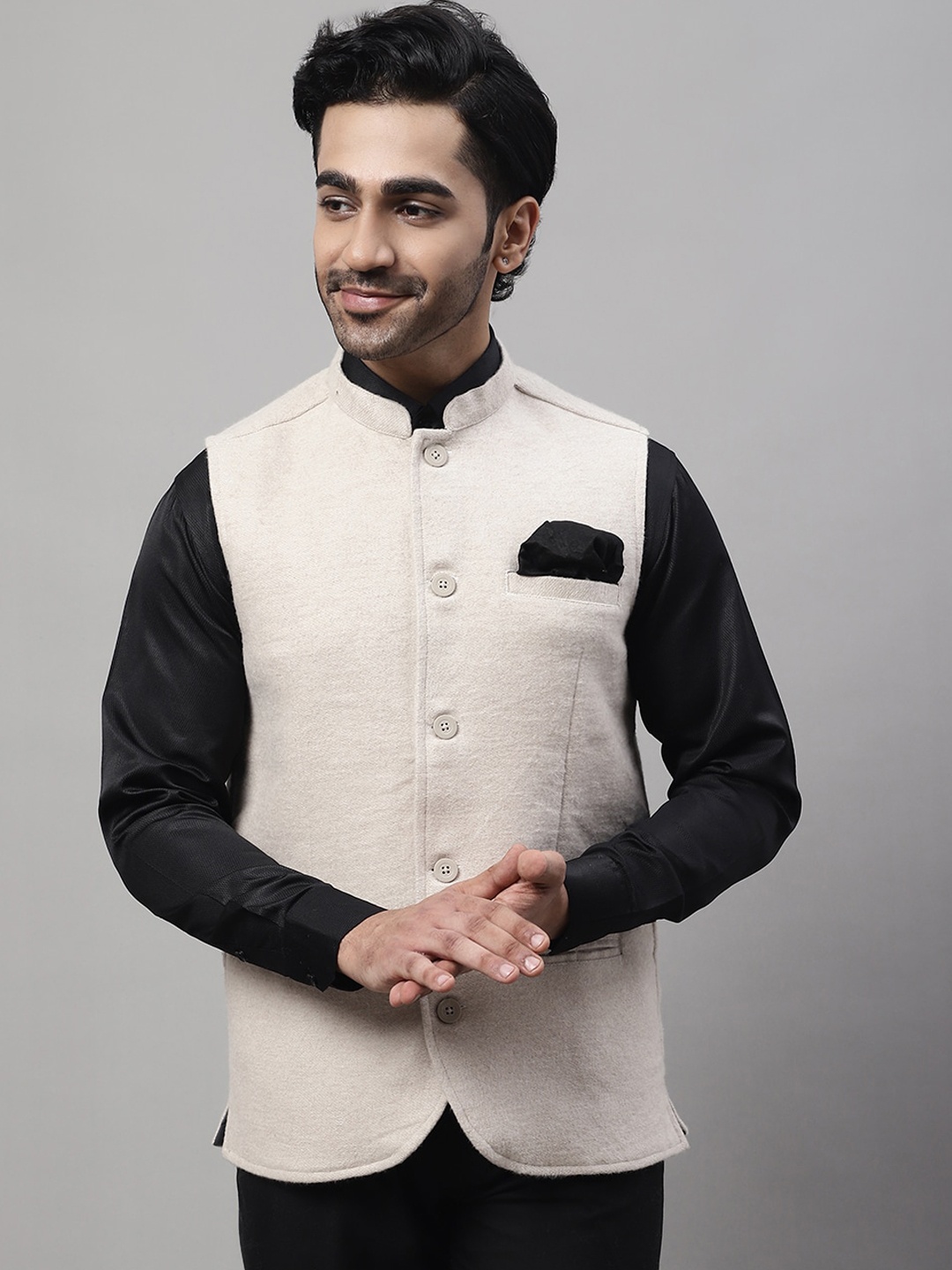 

even Pure Wool Woven Mandarin Collar Nehru Jacket With Welt Pockets, Cream