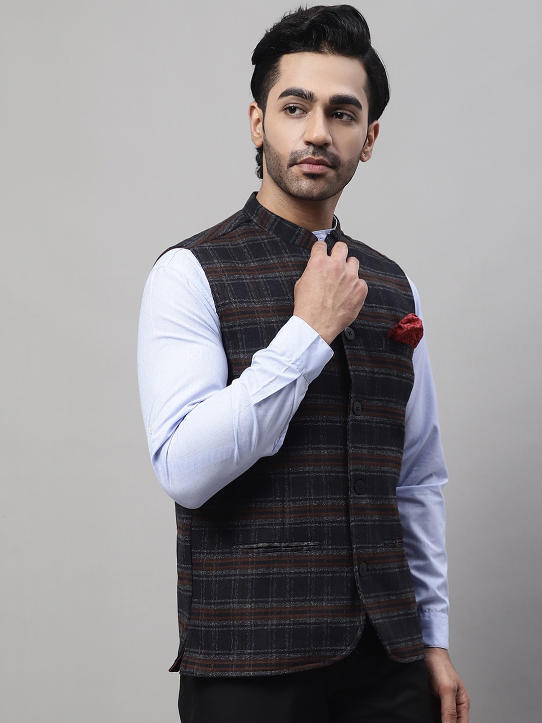 

even Checked Woven Mandarin Collar Nehru Jacket With Welt Pockets, Black