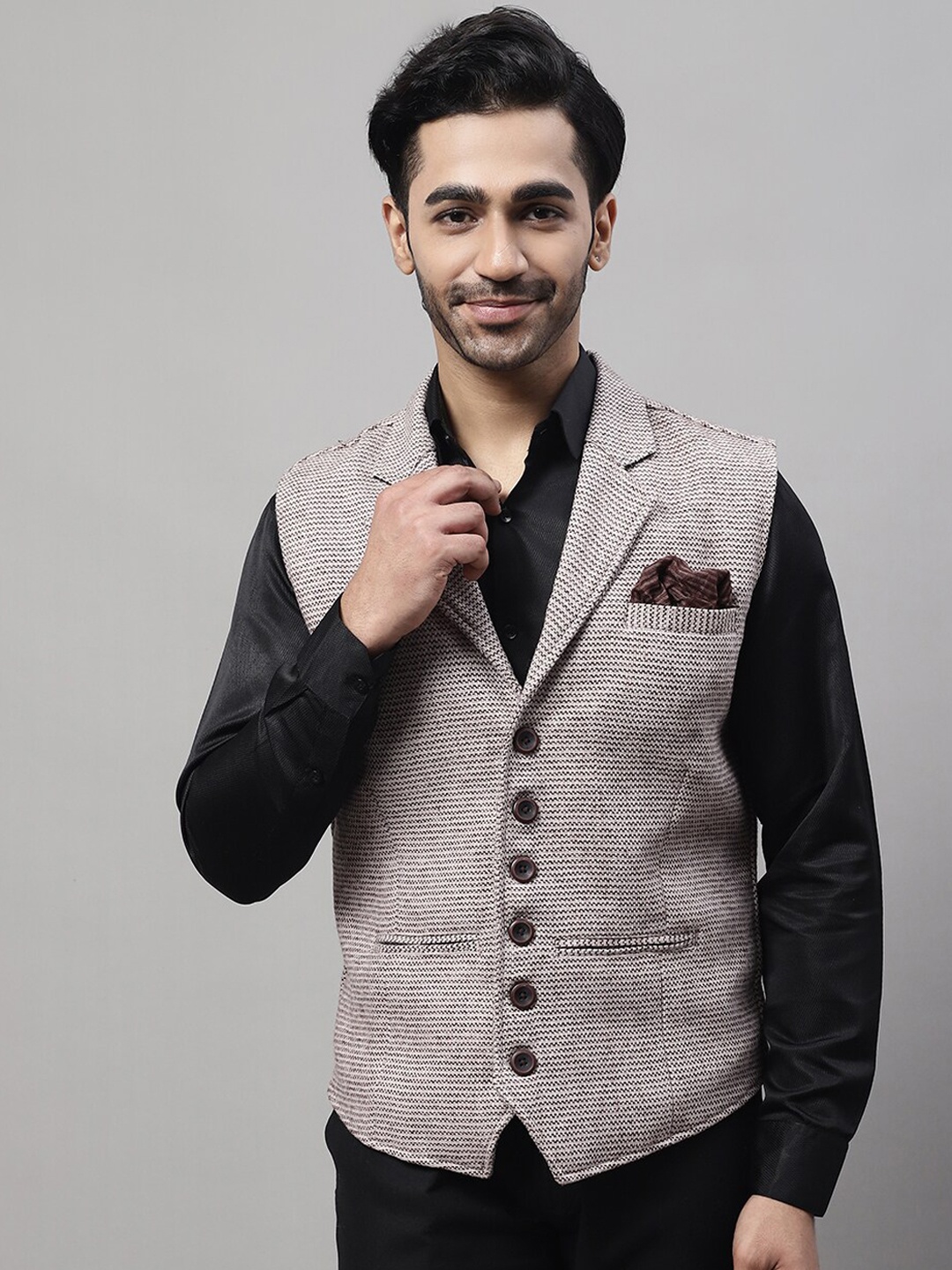 

Even Pure Wool Nehru Jacket with Welt Pockets, Cream