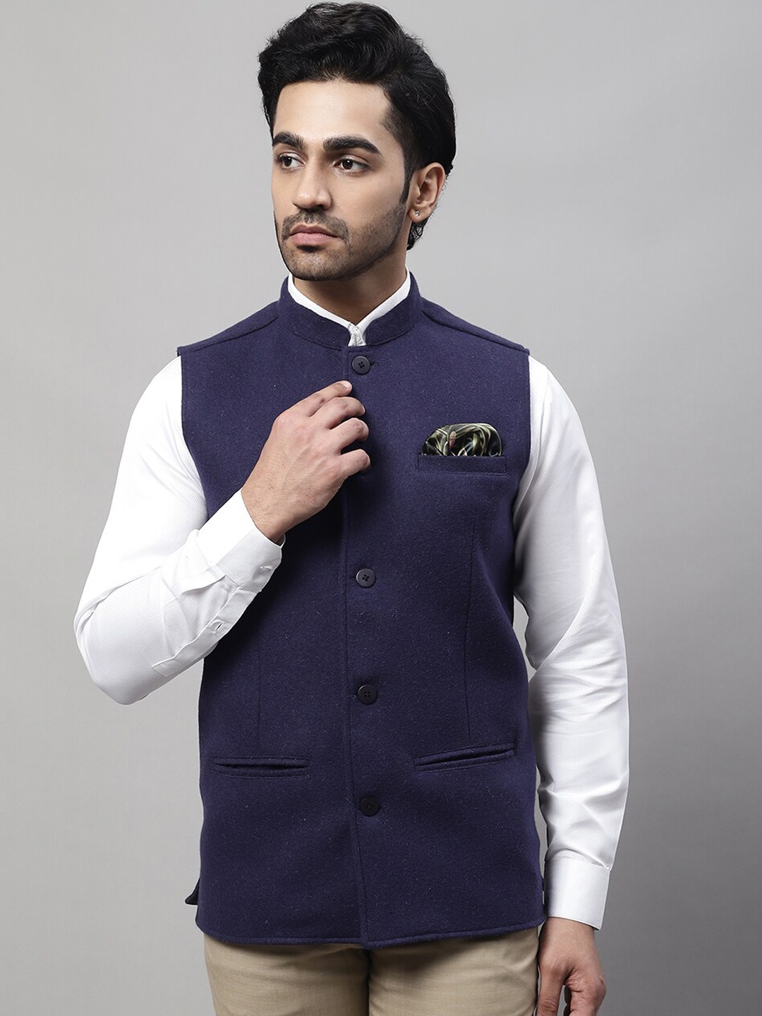 

even Men Pure Wool Mandarin Collar Nehru Jackets With Welt Pockets, Blue