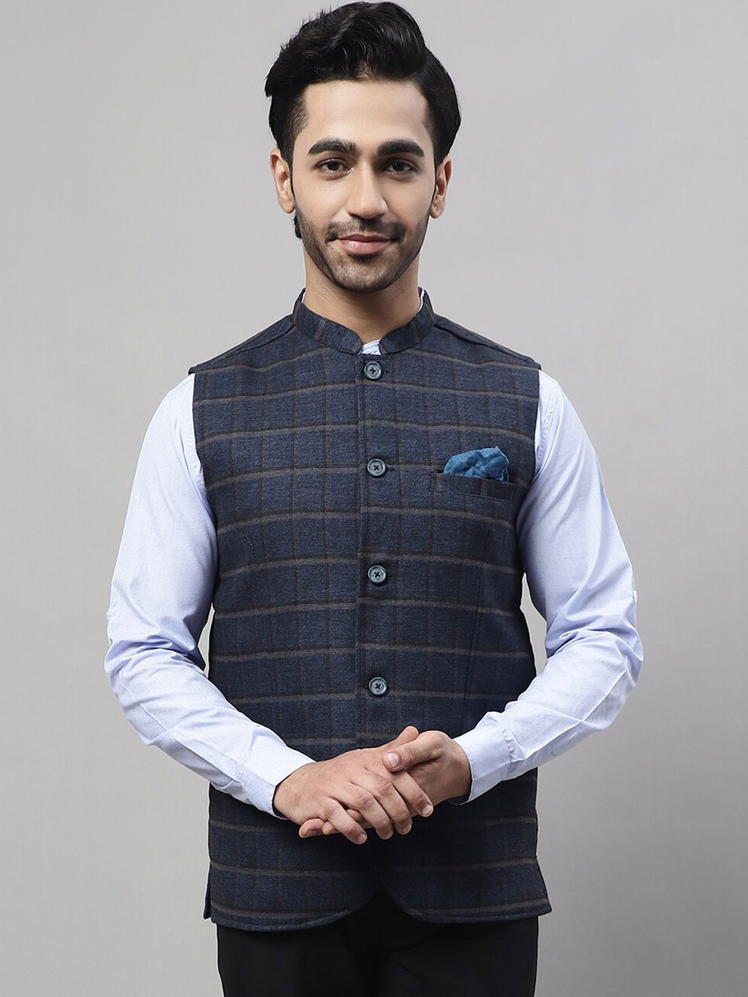 

even Men Checked Woven Mandarin Collar Nehru Jackets With Welt Pockets, Blue