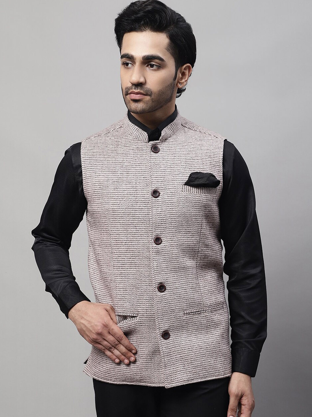 

even Self Design Woven Mandarin Collar Nehru Jackets With Welt Pockets, Cream