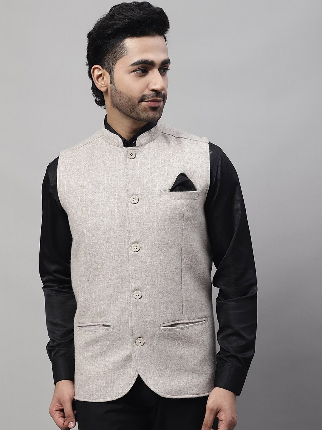 

even Pure Wool Woven Mandarin Collar Nehru Jackets With Welt Pockets, Beige