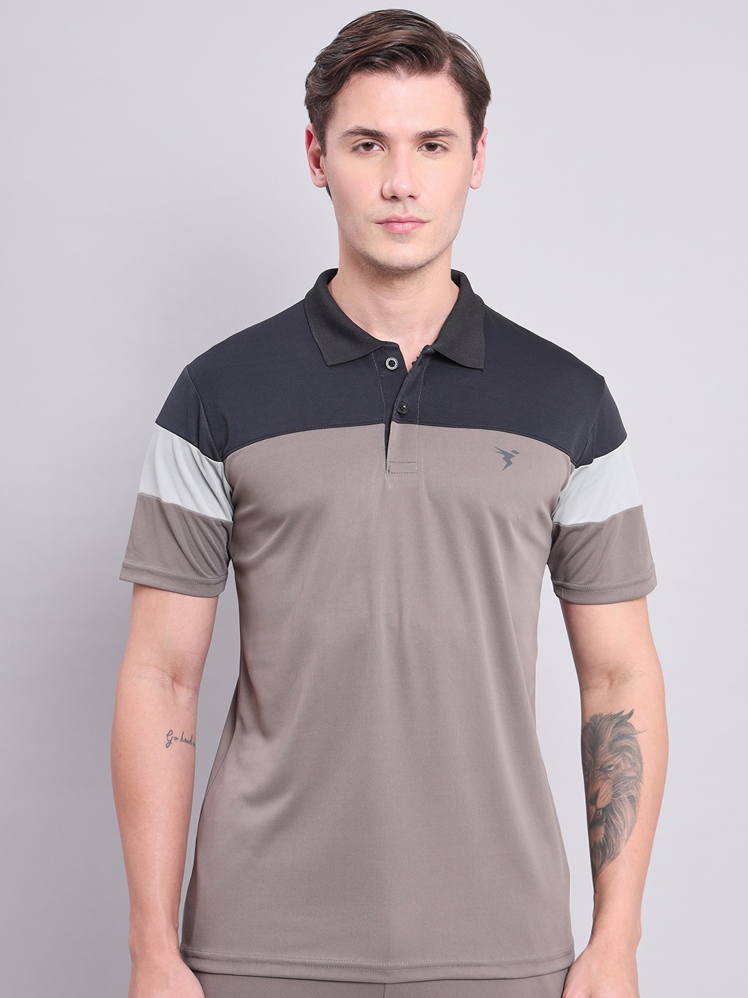 

Technosport Colourblocked Polo Collar Antimicrobial T-shirt, Taupe