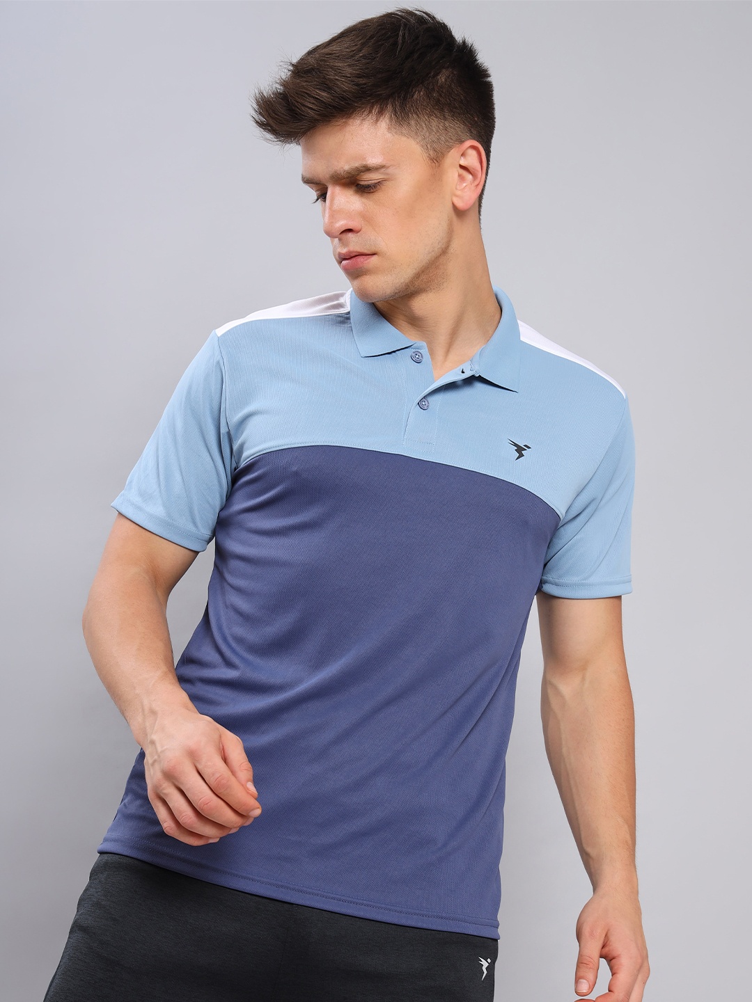 

Technosport Colourblocked Polo Collar Antimicrobial Training or Gym T-shirt, Navy blue