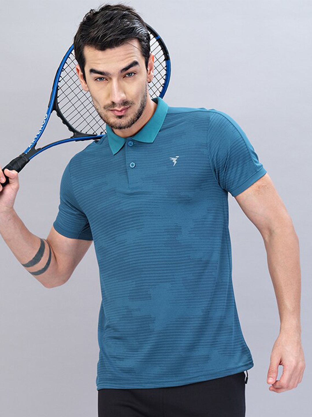 

Technosport Self Design Polo Collar Antimicrobial Training or Gym T-shirt, Teal