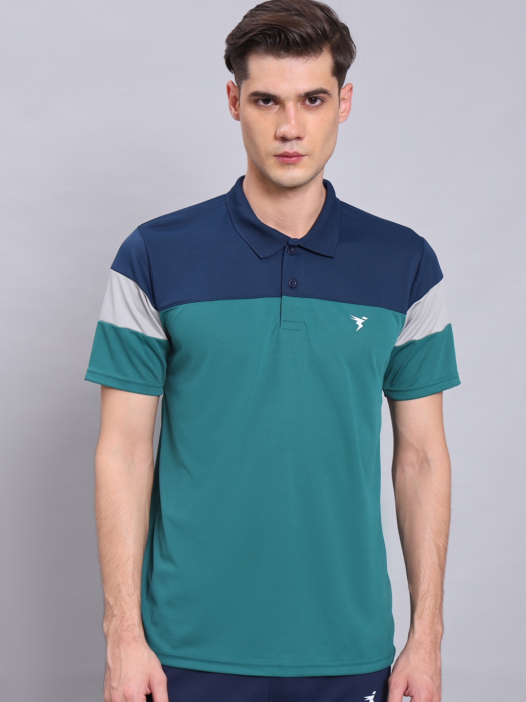 

Technosport Colourblocked Polo Collar Antimicrobial Training or Gym T-shirt, Turquoise blue