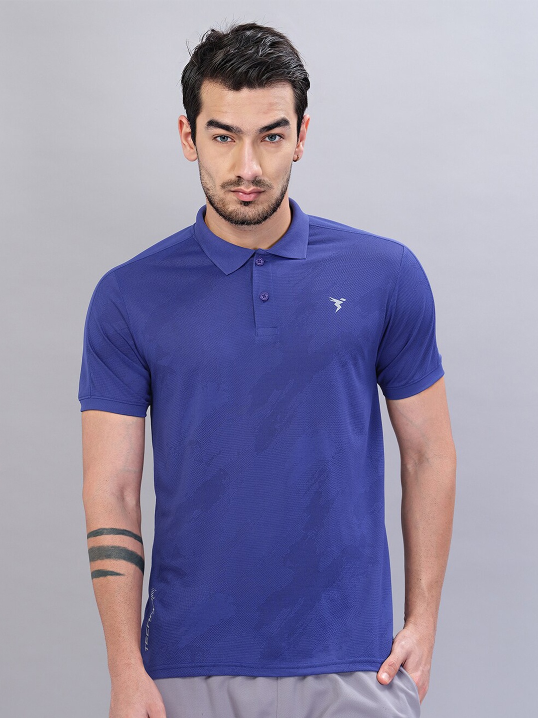 

Technosport Self Design Polo Collar Antimicrobial Training or Gym T-shirt, Blue
