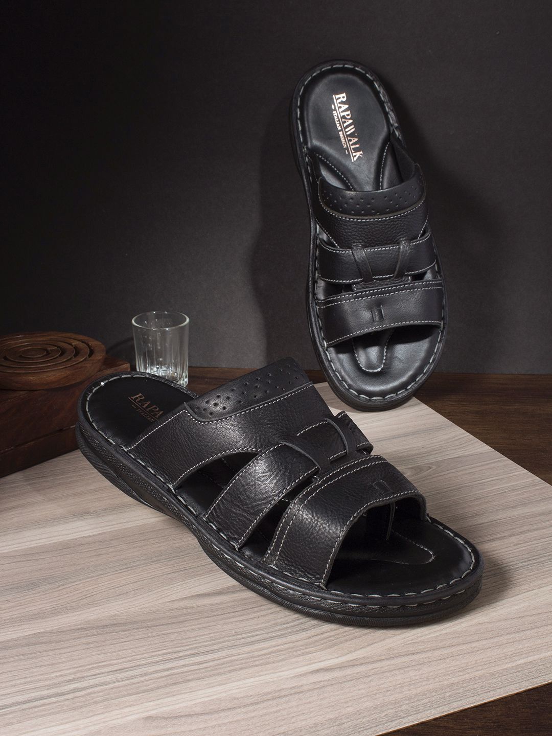 

RAPAWALK Men Open Toe Leather Comfort Sandals, Black